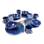 Speckled Enamel Camping Tableware Set, 4pcs 9cm Mugs + 4pcs 15cm Bowls + 4pcs 24cm Plates, Gold Stainless Steel Rim, 15 Colors Available